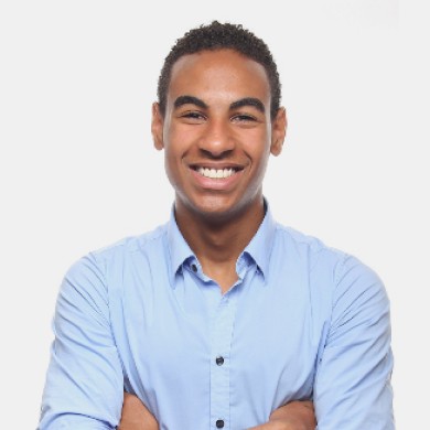 Smiling man in blue shirt